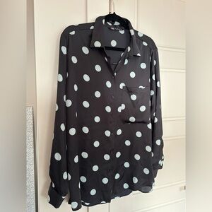 ZARA SIZE LX Black With Blue Polka Dot Button-Up Shirt